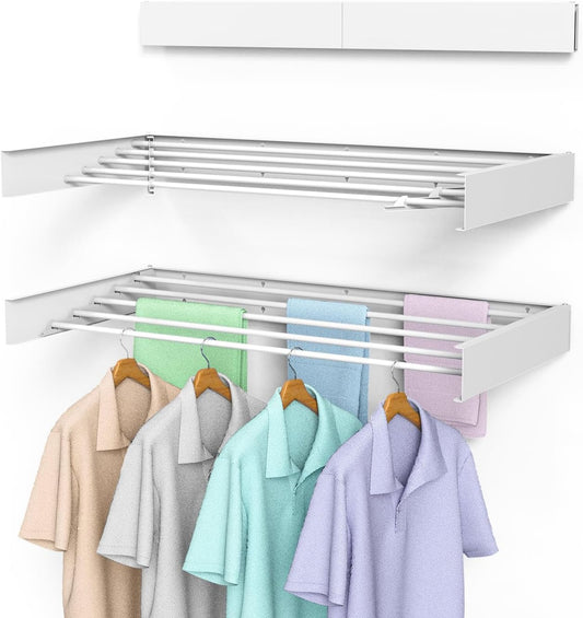 Laundry Drying Rack Collapsible, Wall Mounted Drying Rack, Clothes Drying Rack Wall, Space Saving Drying Rack for Laundry, 40" Wide, 16.5 Linear Ft, 5 Aluminum Rods, 60 lb Capacity (White 40")